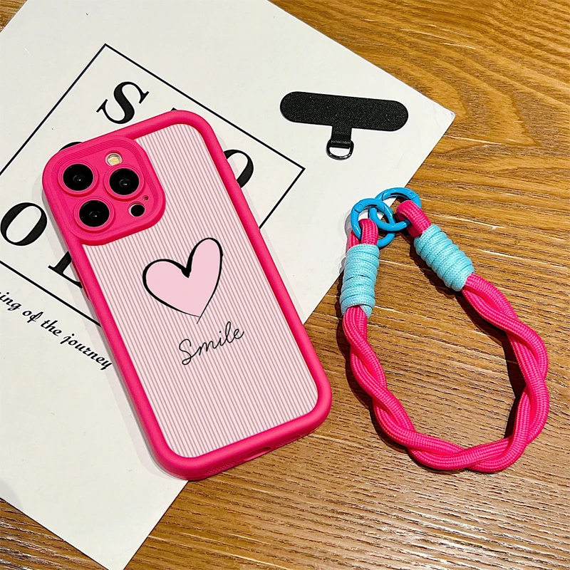 Fashion Smile Pink Love Heart Soft Lanyard Rope Phone Case For iPhone 15 14 13 12 11 16 Pro Max X XS XR 7 Plus Shockproof Cover