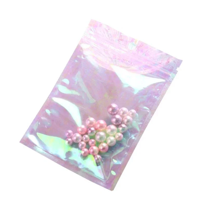 100pcs Pink Stand Up Holographic Zipper Packaging Bubble Bag Flat Pouches Small Laser Zip Lock Plastic Bags for Cosmetic Jewelry