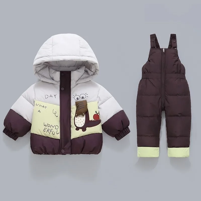 OLEKID Winter Infant Girl Down Jacket 2PCS Outfit 1-4Yrs Girl Hooded Spliced Duck Down Coat+strappy Pant Suits Newborn Girl Suit
