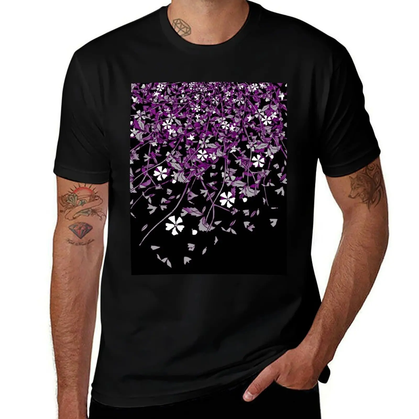 Ace Pride Scattered Falling Flowers and Leaves T-Shirt Retro Style Print Casual Top T-Shirt