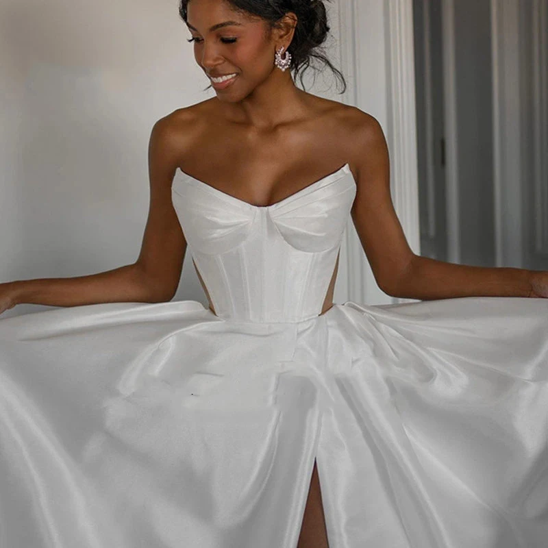 Robe de Mariée Sirène en Fibre Satin, Simple, à Fourche Haute, Sexy, avec Fente Haute, Longueur au Sol, pour Patients, 2023