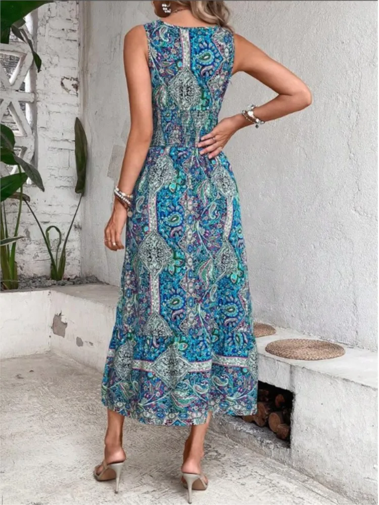 Neue Mode elegante hoch taillierte ärmellose Boho Kleid Sommer Frauen drucken V-Ausschnitt lässig lange Kleider für Frauen Robe Femme