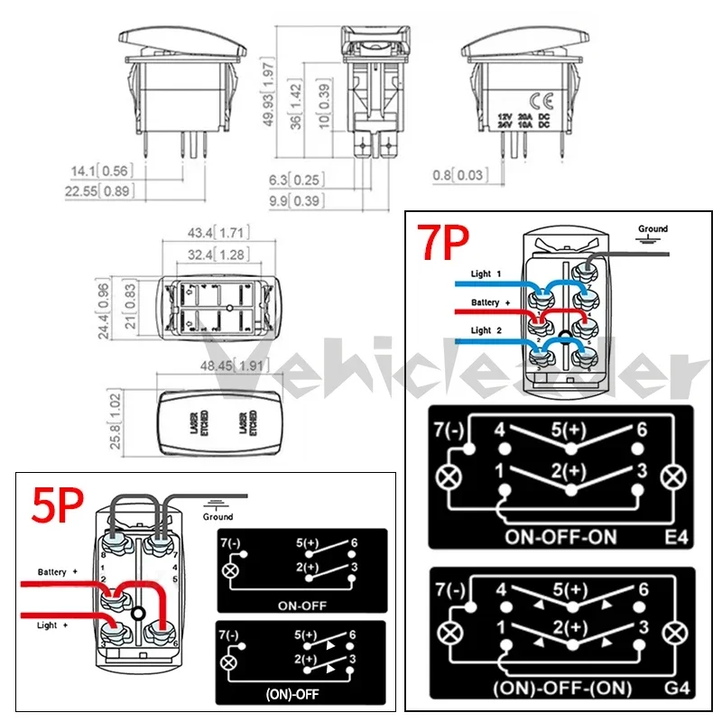 12V 24V Marine Boat Rocker Switch Toggle 5Pin SPST / 7Pin DPDT ON-Off Switch 12V/20A 24V/10A with LED Light For Car Truck Marine