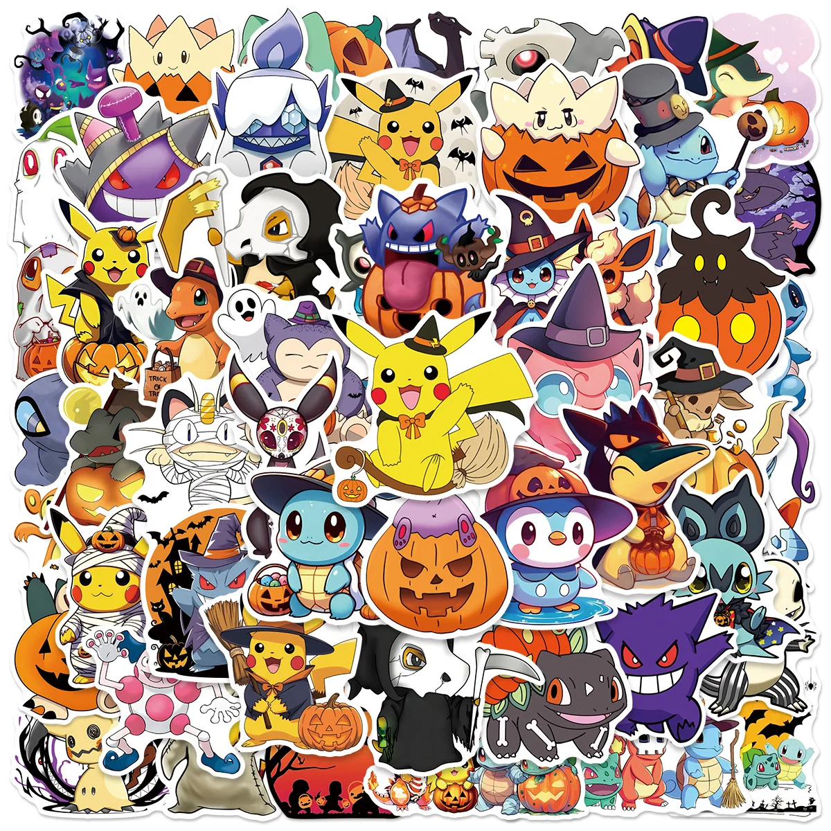 50 Stück Kawaii Halloween Pokemon Aufkleber Pikachu Sticker DIY für Laptop, Gepäck, Skateboard, Handy, Cartoon Kinderspielzeug Geschenk