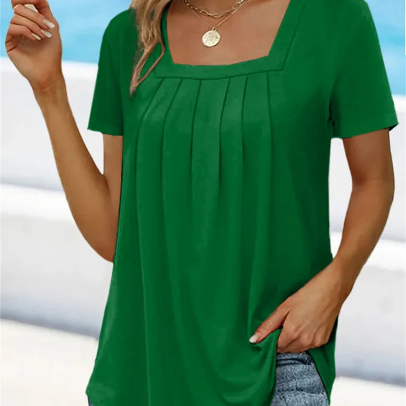 Fashion Woman Blouses 2023 Solid Color Square Collar Short Sleeve Office Lady Commuter Loose Commute Folds T-shirt