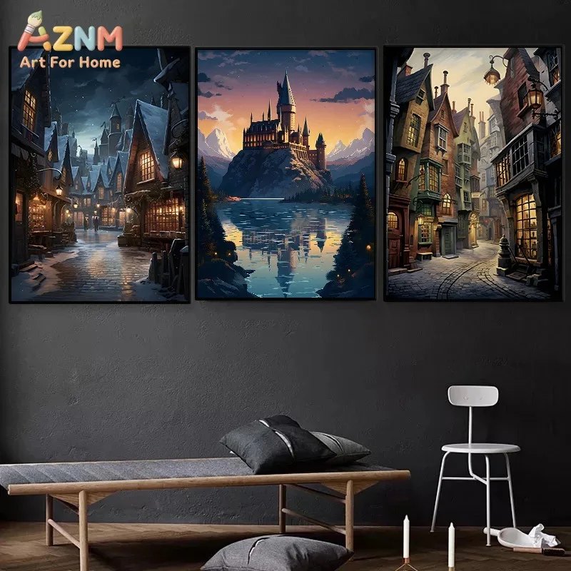AZNM Magic Wizard Castle Canvas Poster Frameless Wall Art Magical School Library Snowy Town Sunset Fantasy Print For Bedroom Stu