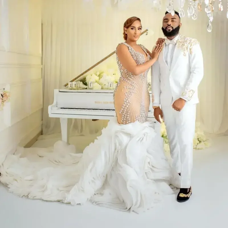 

Customized Champagne Mermaid African Wedding Dresses Custom Made Crystal Beaded Cascading Ruffles Trumpet Plus Size Bridal Gowns