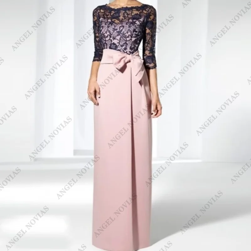 

Customized Long Mother of the Bride Dress Wedding Guest Elegant Jewel Neck Satin Lace 3/4 Length Sleeve with Bow Evening Party