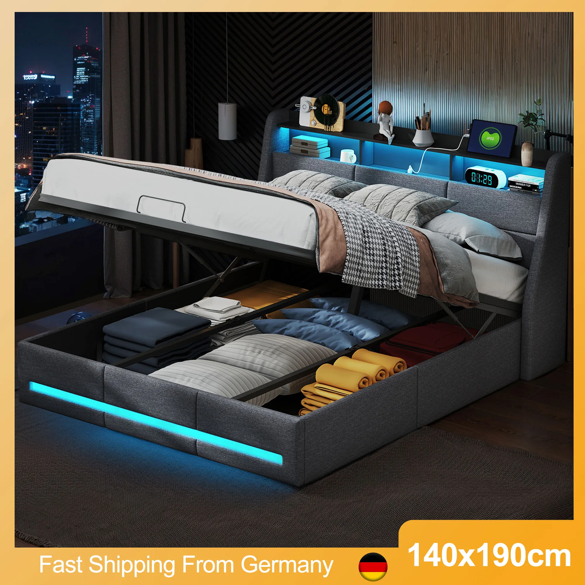 Single and Double Bed 140 x 190 cm, Gray Linen Upholstered Bed Frame, Hydraulic Storage Bed with USB Port and LED Lighting