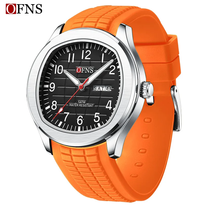 OFNS 8018 Reloj de cuarzo para hombre Reloj de pulsera de silicona resistente al agua con doble calendario para hombre