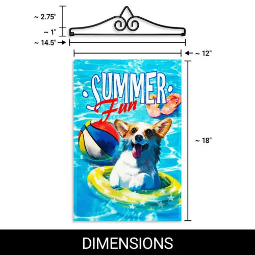 Garden Flag Summer Fun with Dog in Pool 12x18IN & Hanger 14IN Printed Poly