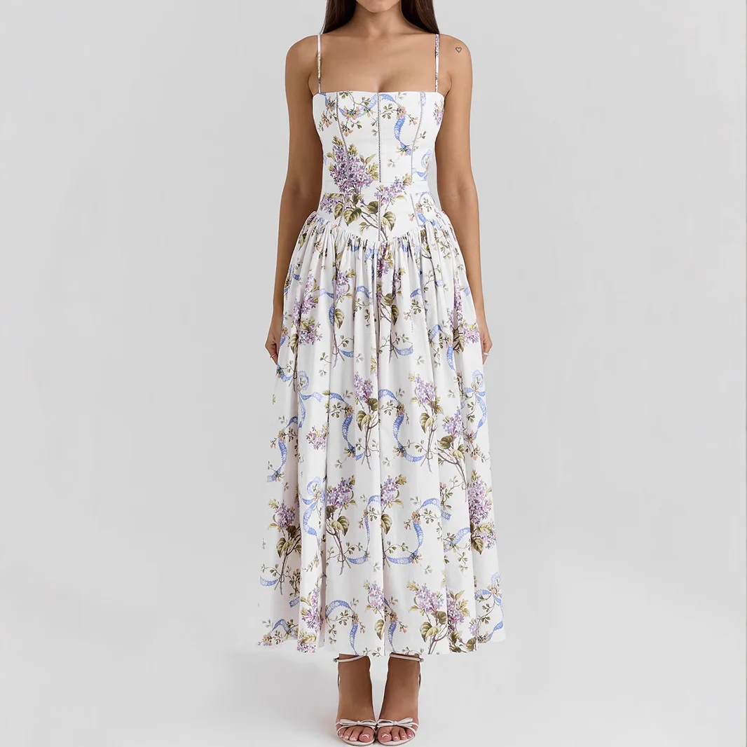 

Sexy printed suspender dress slim backless fashionable simple versatile temperament elegant vacation style high-end dress