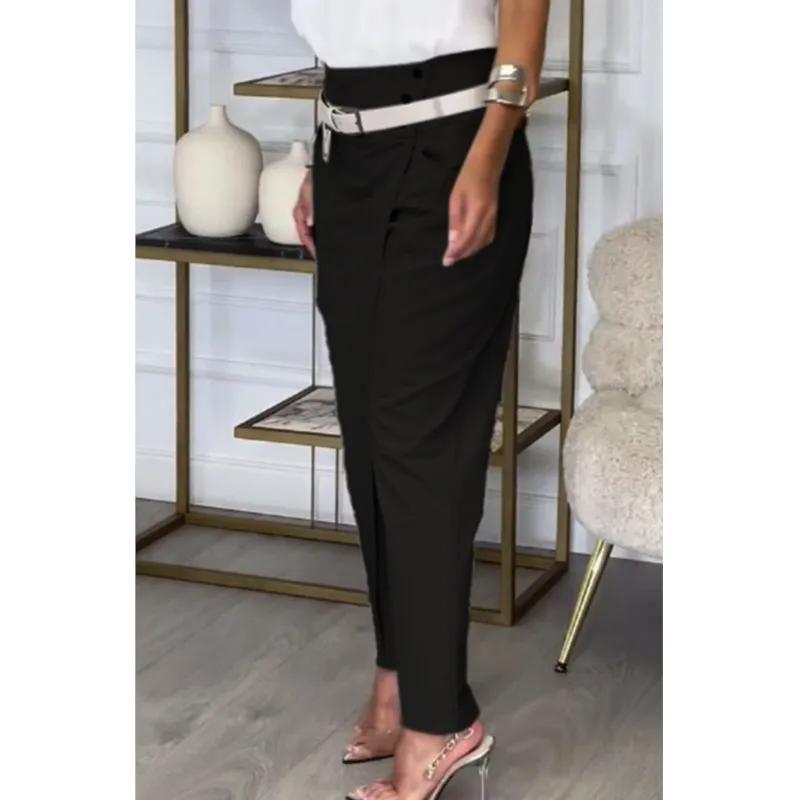 New Autumn Asymmetric High Waisted Pants For Women Fashion Chic Belt Straight Pants Casual Street Trousers Ladies Solid Bottoms
