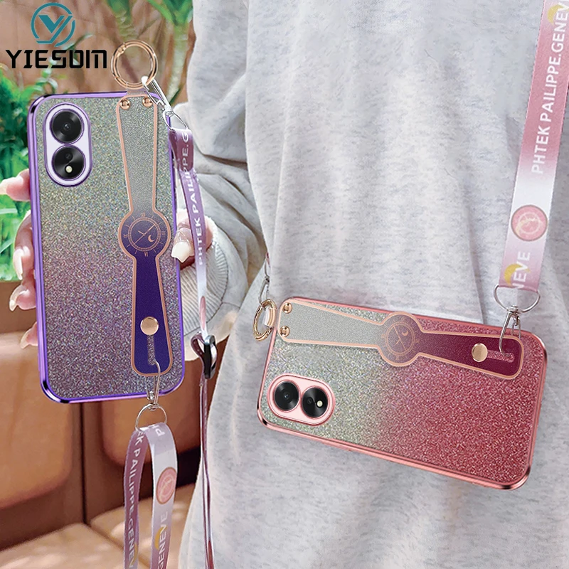 Glitter Wrist Strap Phone Case for OPPO A60 A98 A79 A58 A38 A18 4G A17 Soft Silicone Phone Holder Bracket Cover