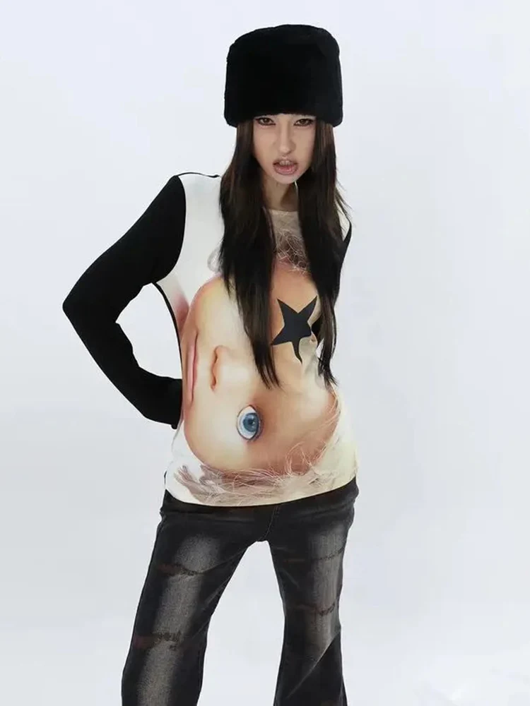 Punk Print Langarm T-shirt Frauen Harajuku Y2k Ästhetischen Schlank Top Retro Straße Würzige Mädchen Gothic Tees Grunge Kleidung