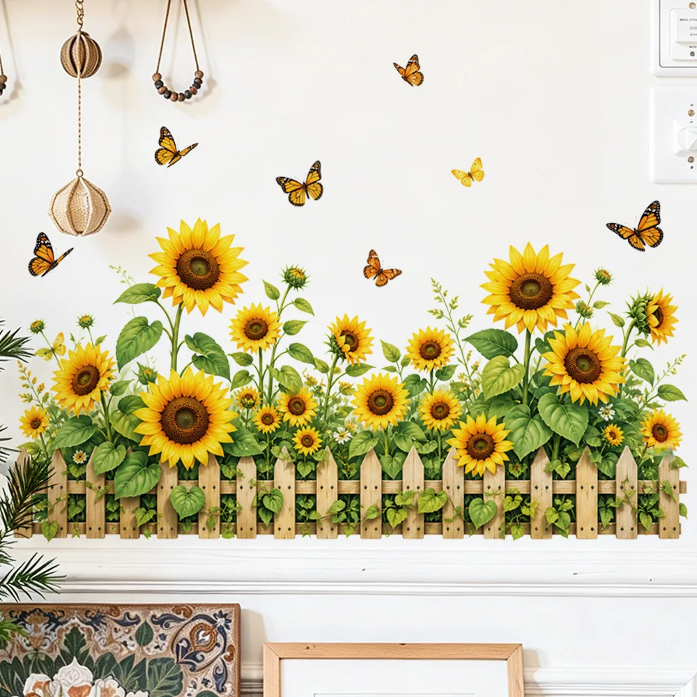 Sunflower Garden Fence Wall Decals, Yellow Sunflower Butterfly Baseboard Stickers, Floral Border for Kitchen Living Room Home De