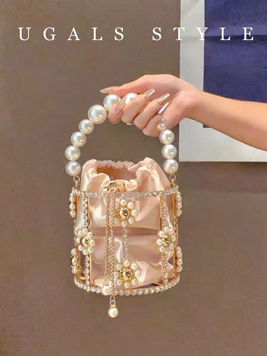 Luxury Pearl Beaded Hollow Out Women's Handbag Crystal Rhinestones Diamond Evening Bag Wedding Party Clutch Purse Shoulder Bag