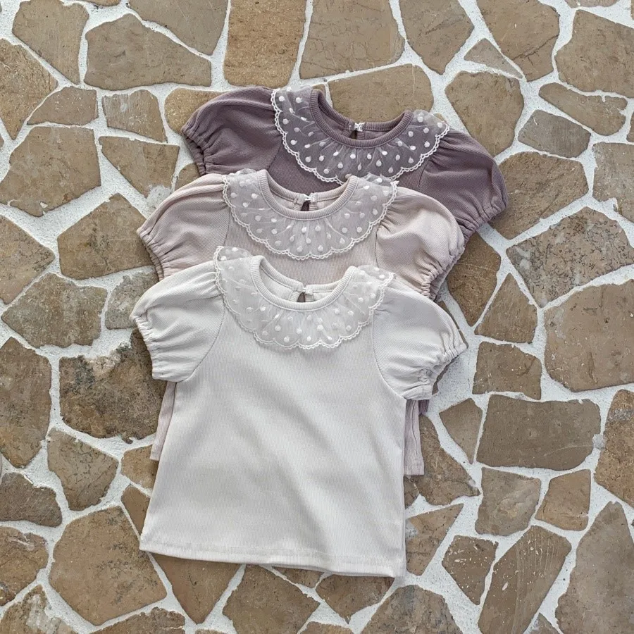 2024 Summer Girl Baby Splicing Lace Puff Sleeves T-shirt Infant Solid Casual Tees Newborn Cotton Tops Children Pullover Shirts