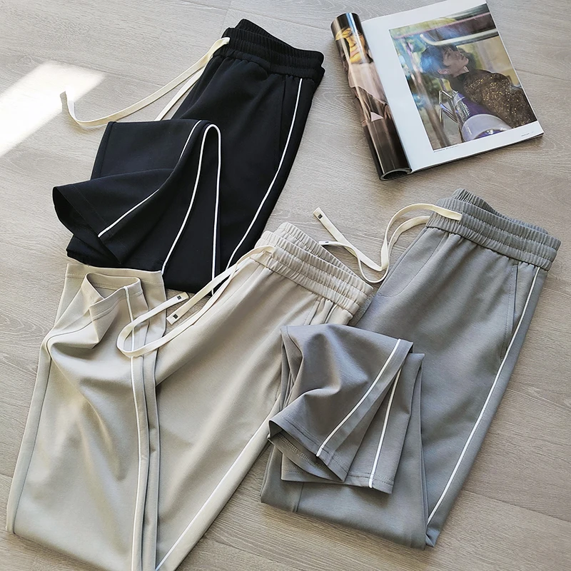 

Cool Lightweight Men's Summer Casual Pants Elastic Waist Straight Leg Pure Color Breathable Loose Fit Harajuku Sle Long Tro...