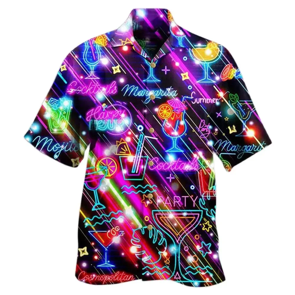 2024 Men's Hawaiian Shirts Party Beer Harajuku Oversized Shirt Fashion Printed Short-sleeved Beach Top Tee Men's Clothing