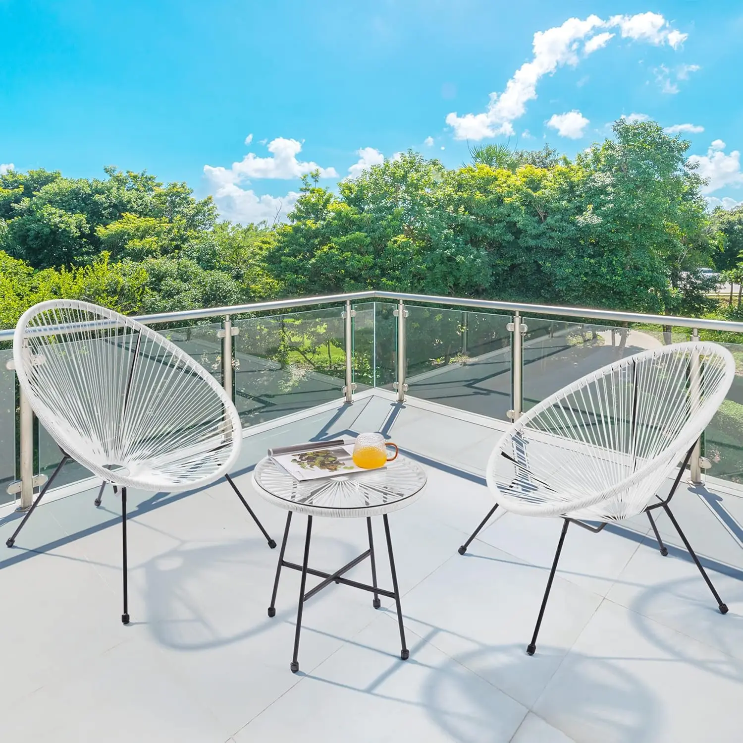 

Комплект садовой мебели из 3 предметов: кресло Acapulco со столом со стеклянной столешницей и 2 стульями, набор для сидения в помещении и на улице, белый цвет