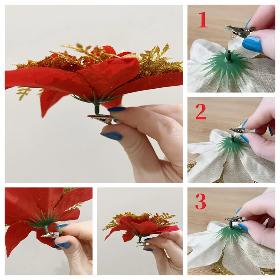 10 Stück 14cm Glitzer-Weihnachtssterne Künstliche Blumen mit Clips DIY Weihnachtsbaum-Ornamente Kranz Kamin-Dekorationen – Detail 13