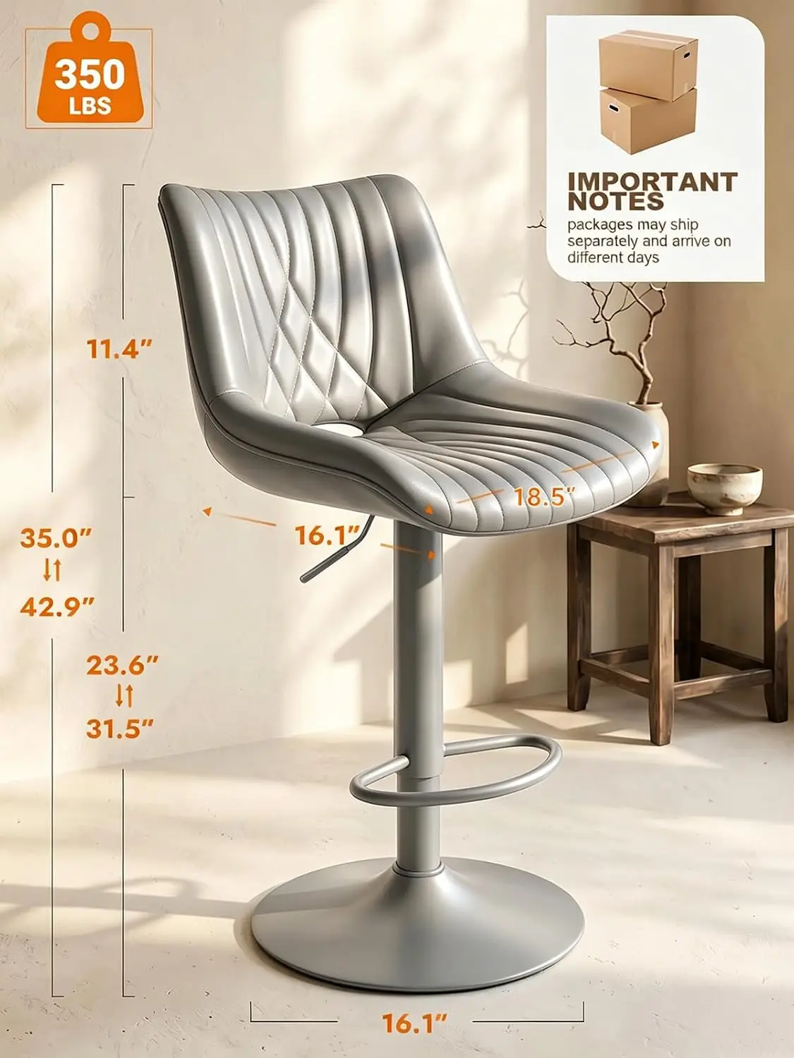 Swivel Bar Stools Set of 4, Height Adjustable Counter Height Bar Stools with Open Back and Footrest, Premium Faux PU Leather, Mo