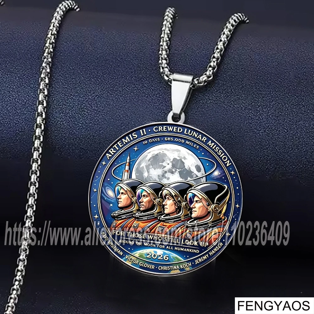 Stainless Steel Printed Hot 2026 Artemis II Apollo 11 Moon Landing Commemorative Necklace NASA Space Exploration  Souvenir Gift
