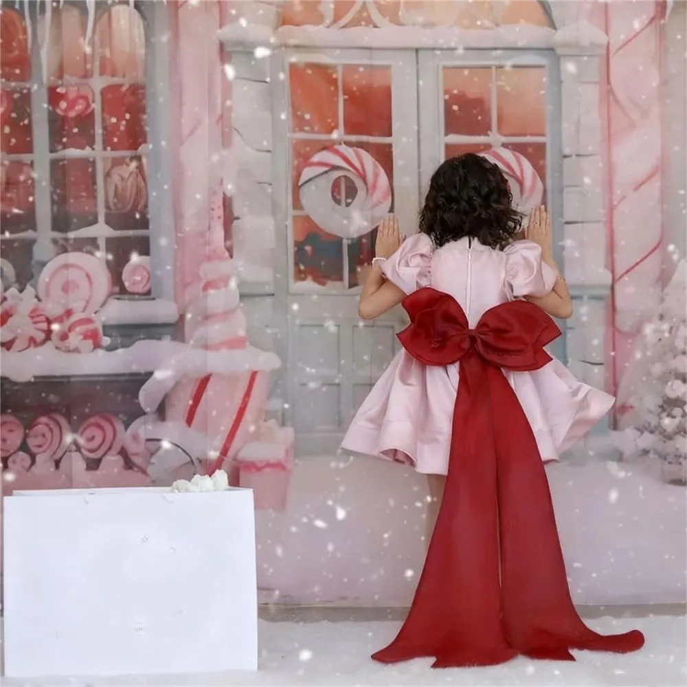فستان زفاف فتاة الزهور من الساتان اللطيف مع فيونكة فستان حفلات أعياد الميلاد للفتيات الصغيرات فستان التواصل المقدس حسب الطلب #2