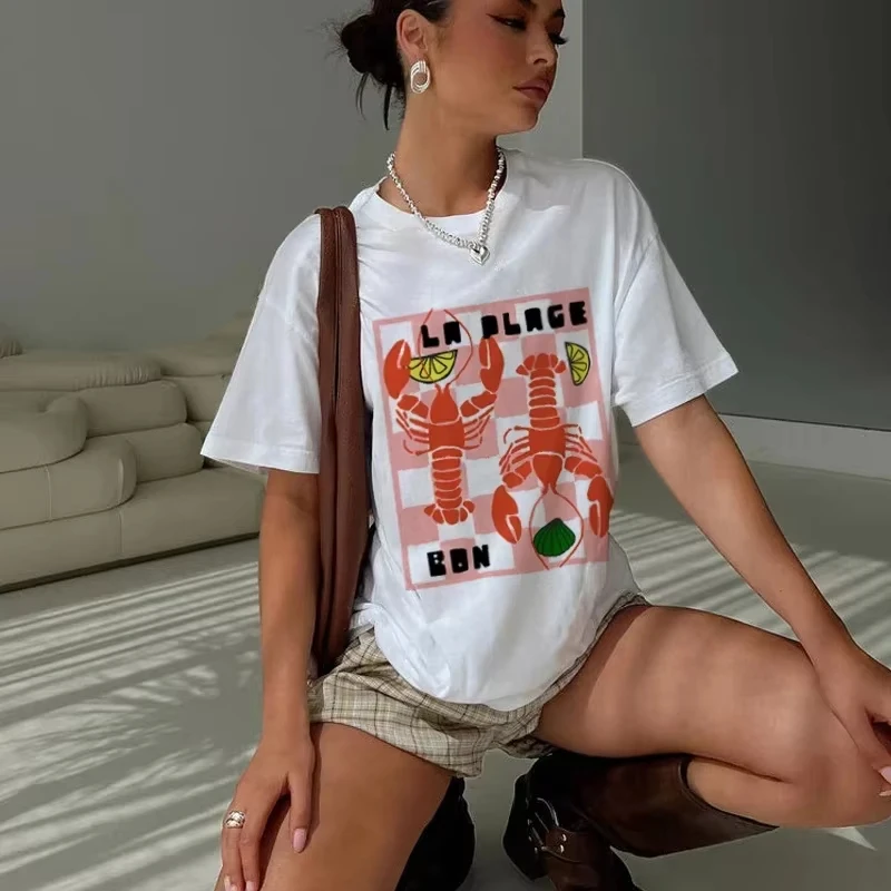 

Vintage Style Lobster Lover Women's T-shirt Y2k Aesthetic Short-Sleeved Seafood Vacation Top Cute Quick-drying Clothing Y2K Tops