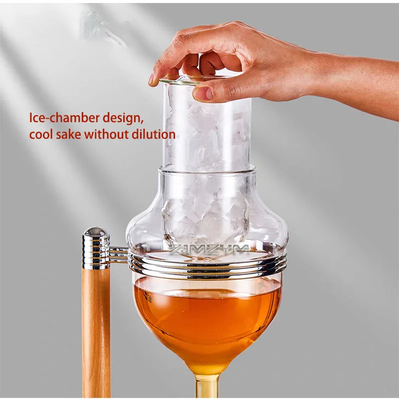 Sake Dispenser with Ice Chamber Automatic Tip‑Up Pour Spout Wood‑Metal Stand Cold Sake Decanter for Home Bar Party