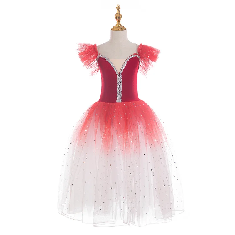 

2022 RED Ballet Dance Tutu Leotard Girls Dancewear Costume Ribbon Long Tulle Skirt Ballerina Fairy Party Costumes