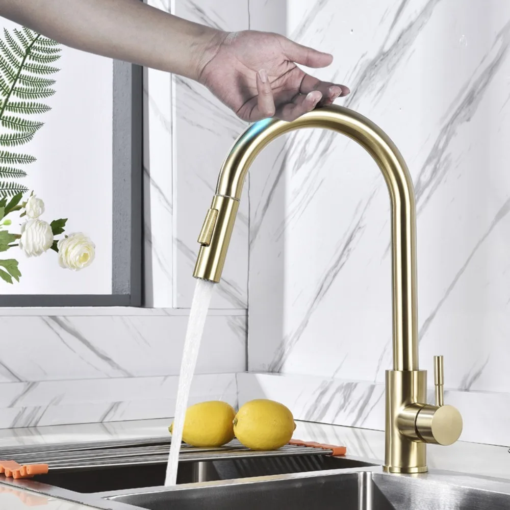 304 Stainless Steel Kitchen Pull Faucet Touch Induction Hot and Cold Faucet Sink Mixed Water Induction Faucet