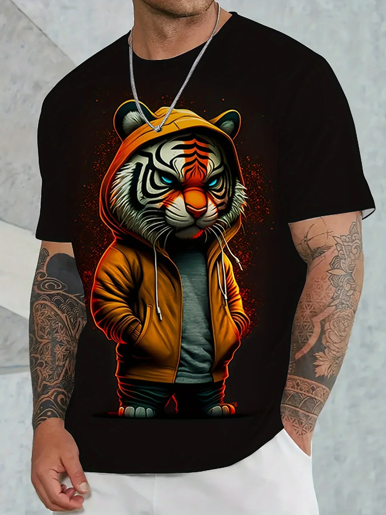 Men's Three-dimensional Tiger Pattern 3D Printed Men's Short Sleeved T-shirt Summer Outdoor Sports Plus Size Men's T-shirt Tops