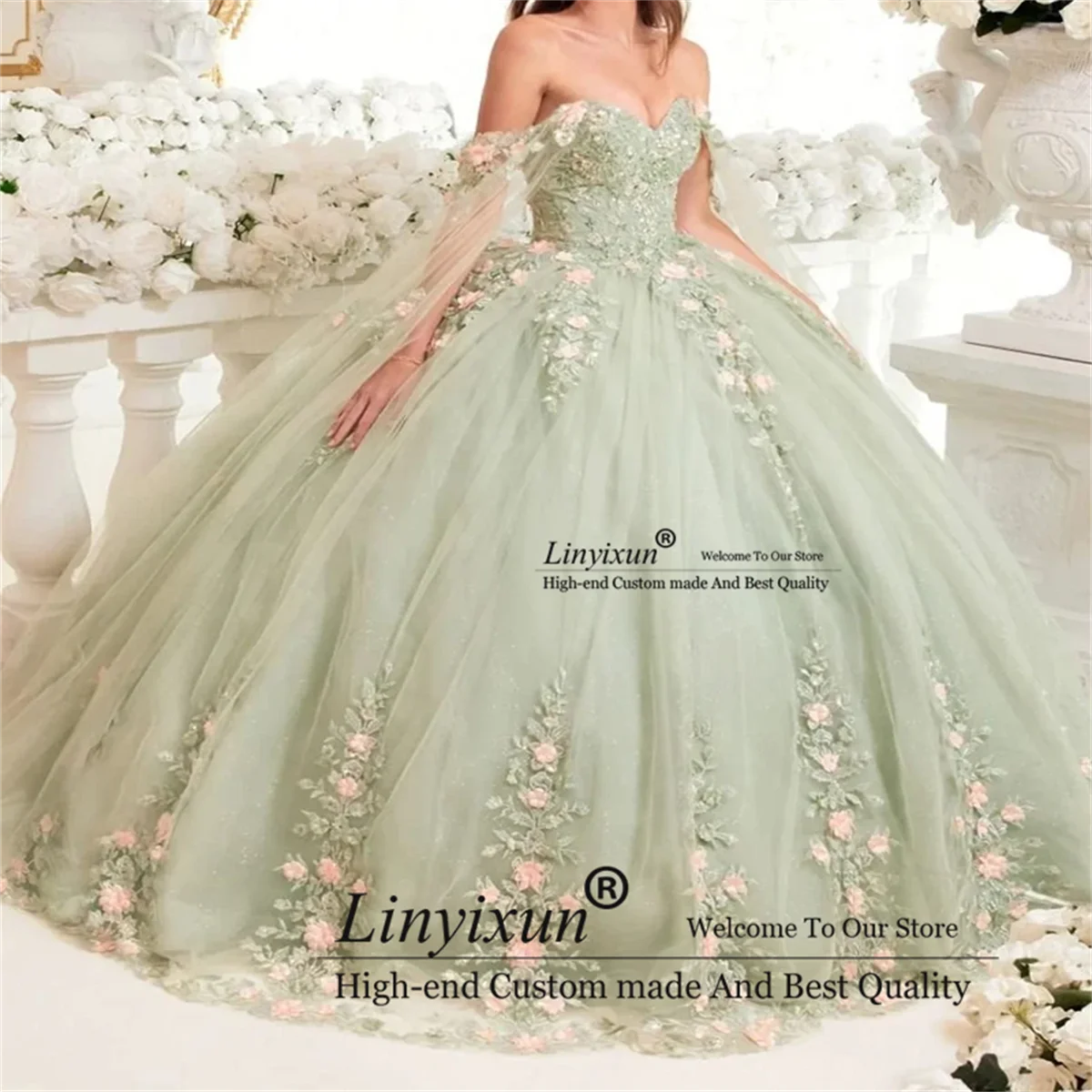 Sex Sweet Sage Green Quinceanera Dress Princess Ball Gown 3D Flowers Applique Lace 15 16 Dress vestidos Birthday Party Gown