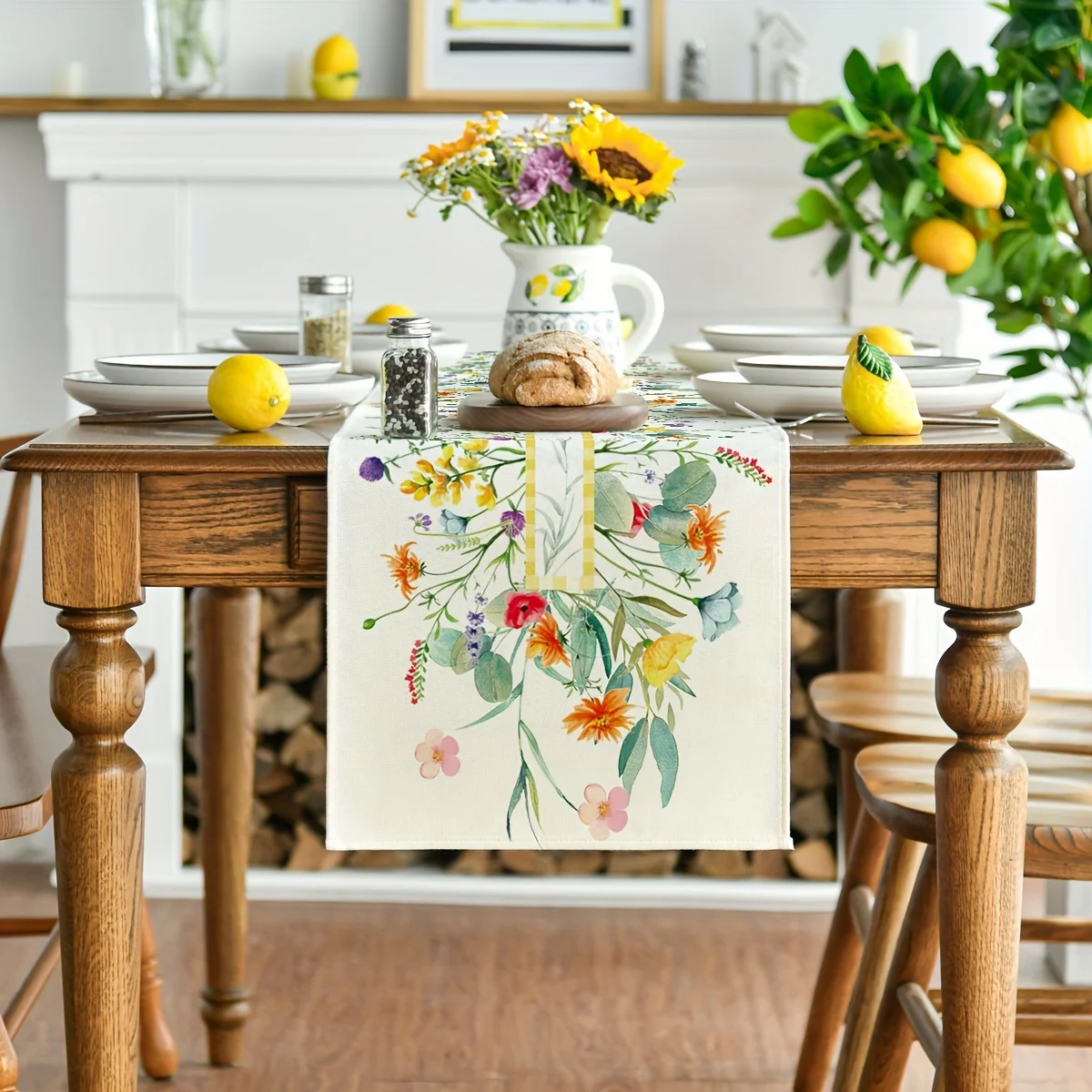 Spring Watercolor Flower Linen Table Runner Holiday Wedding Party Decor Seasonal Summer Floral Table Runners Dresser Scarf Decor