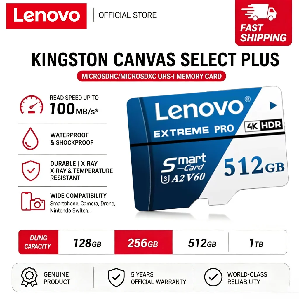 Lenovo 512GB High Speed Micro TF SD Card Memory Card 256GB High Speed Storage Card for Dash Cam Mobile Phone Monitoring Camera