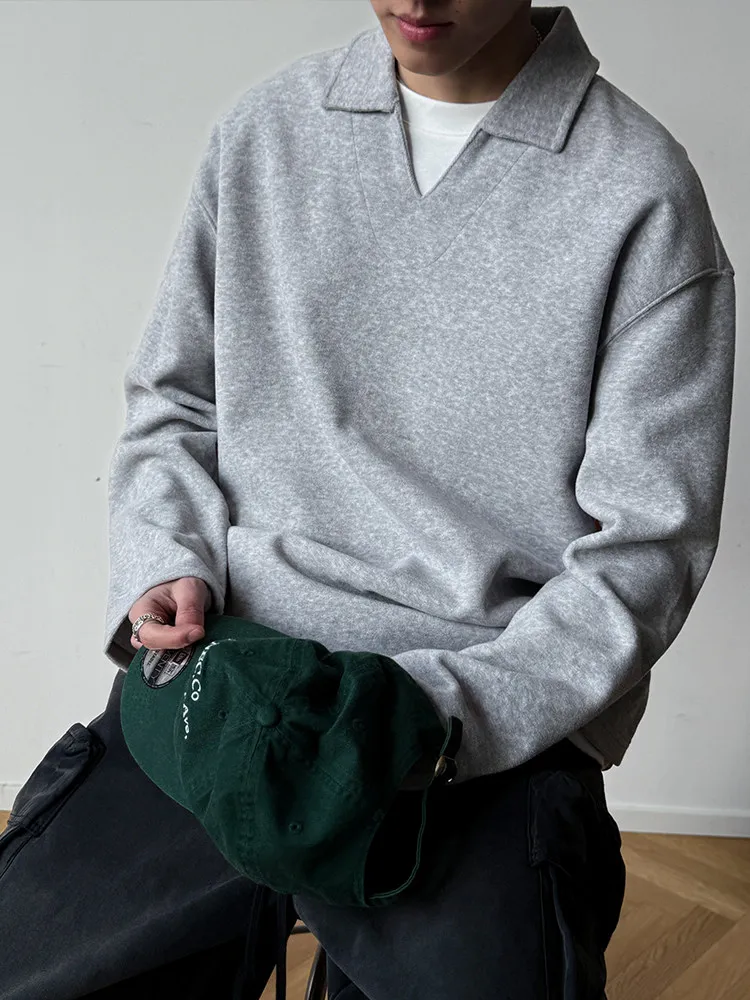 Oversized Loose Fit Vintage V Neck Sweatshirt Men Retro Casual Pullover Long Sleeve Streetwear Relaxed Fit Spring Autumn Shirt