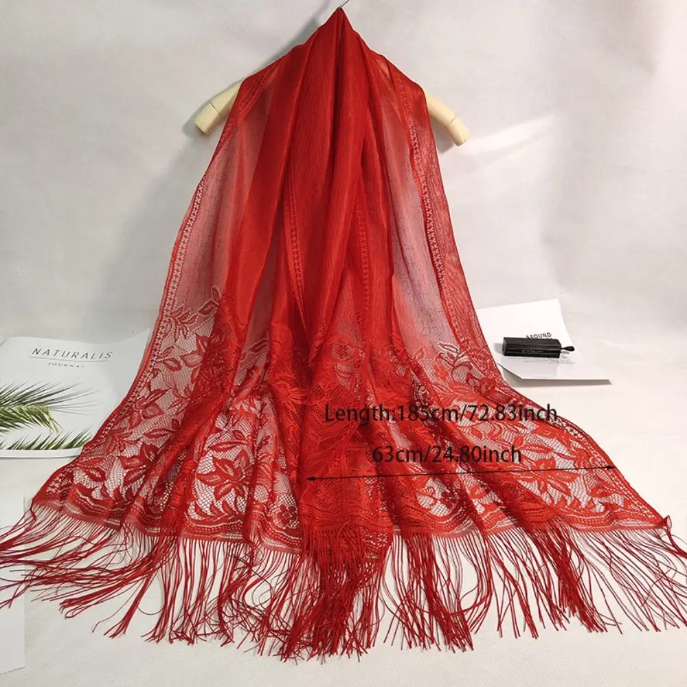 Summer Long Silk Scarf Breathable Lace Tassel Shawls Anti-UV Hollow Pashmina Women