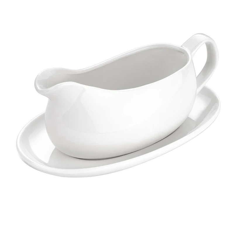 Gravy Boat And Saucer 14 Oz,Ceramic Sauce Boat With Tray For Salad Dressings Milk,Warming Sauces,Creamer,Broth,White Durable