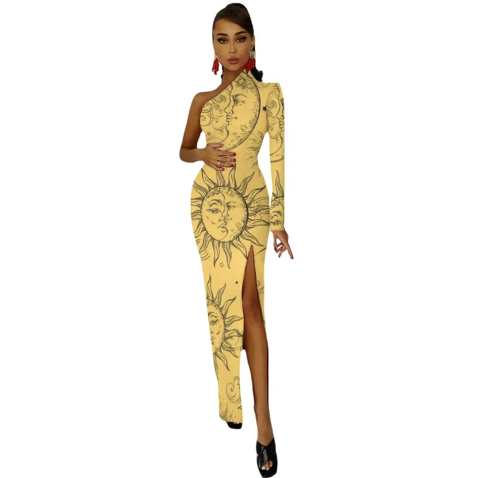 Vintage Celestial Sun Long Dress Woman Yellow Magic Moon Stars Party Maxi Dress Autumn Retro Bodycon Dresses High Slit Vestido