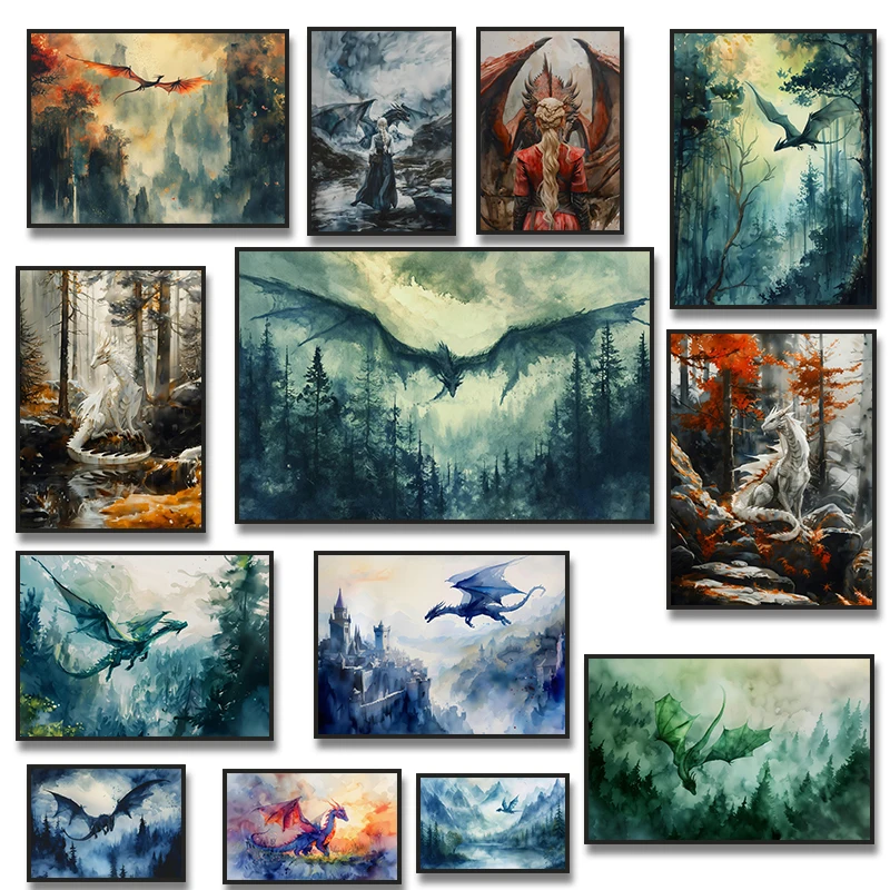 Watercolor Forest White Green Dragon Poster Print Fantasy Canvas  Painting Dark Academia for Living Room Home Decor Cuadros