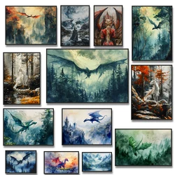 Watercolor Forest White Green Dragon Poster Print Fantasy Canvas  Painting Dark Academia for Living Room Home Decor Cuadros