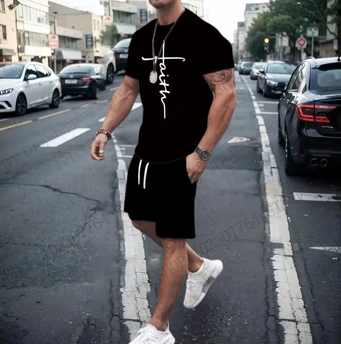 

Мужской комплект: футболка и шорты с камуфляжным принтом Faith Black Cross 3D, 2 предмета, для активного отдыха, фитнеса, новый