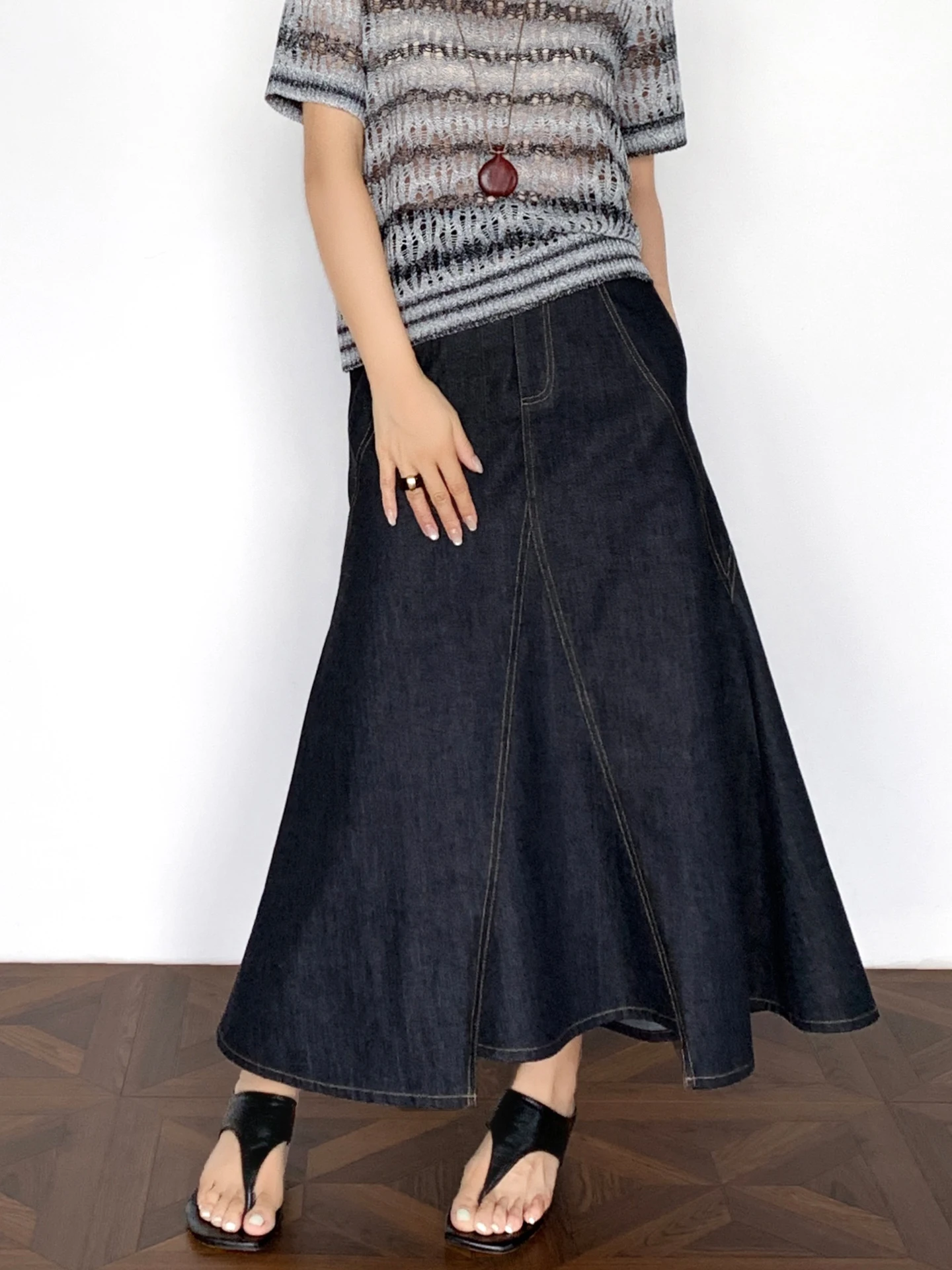 

Ретро-юбка из денима с эффектом морской волны, деконструированный дизайн с разрезом, длинная юбка-рыбий хвост, весна-осень, высокая талия, хлопок, повседневная, для работы и отдыха