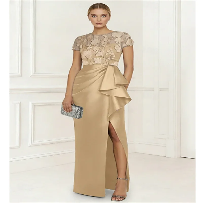 Gaine longueur au sol robes de soirée Cocktail robe noire élégante soyeuse à manches courtes col rond jardin robes de fête de mariage personnalisé