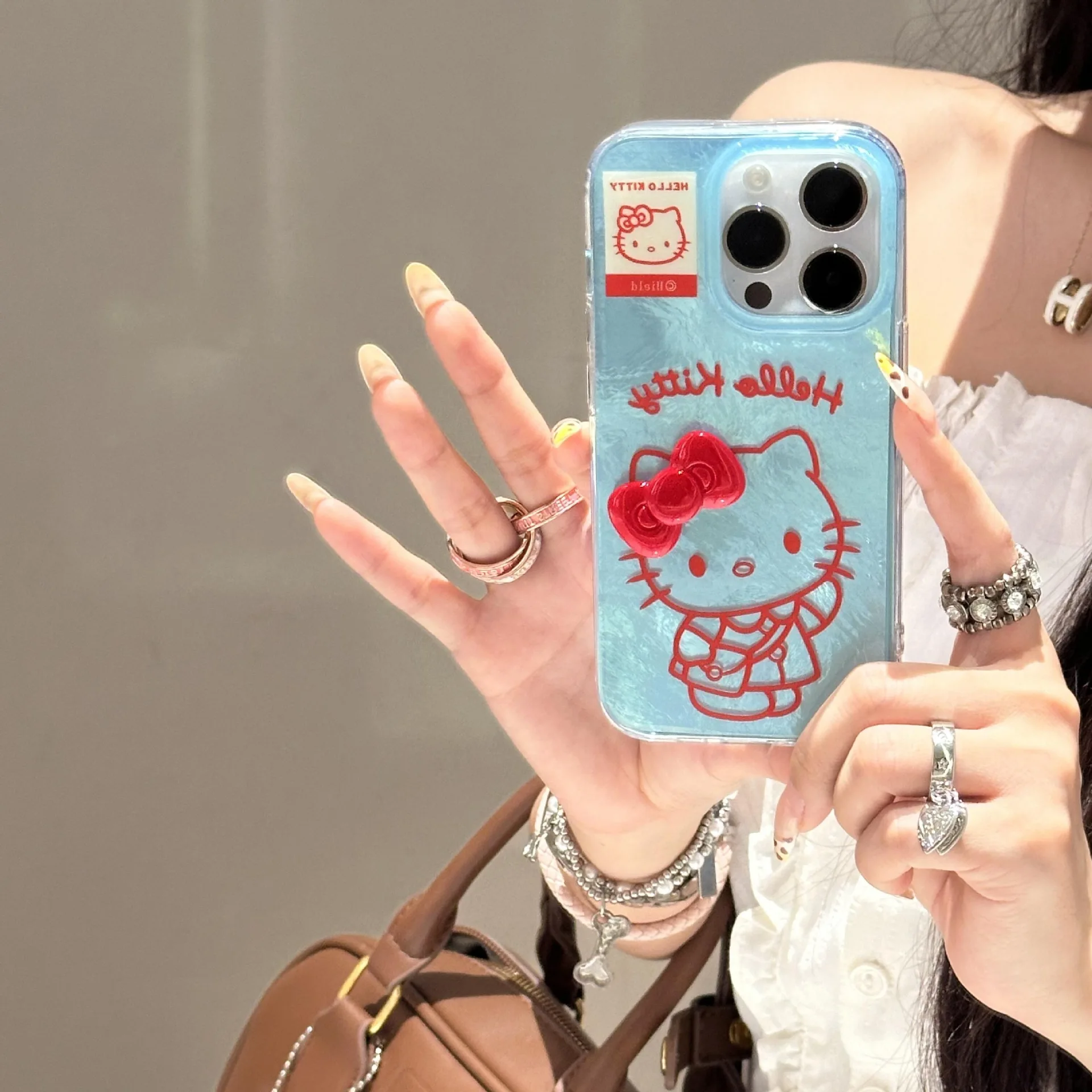 

Hello Kitty Bowknot Cartoon Laser Lustre Hard Phone Case for iPhone 16 15 14 13 12 11 Pro Max Sanrio Mobile Phone Shell Cover