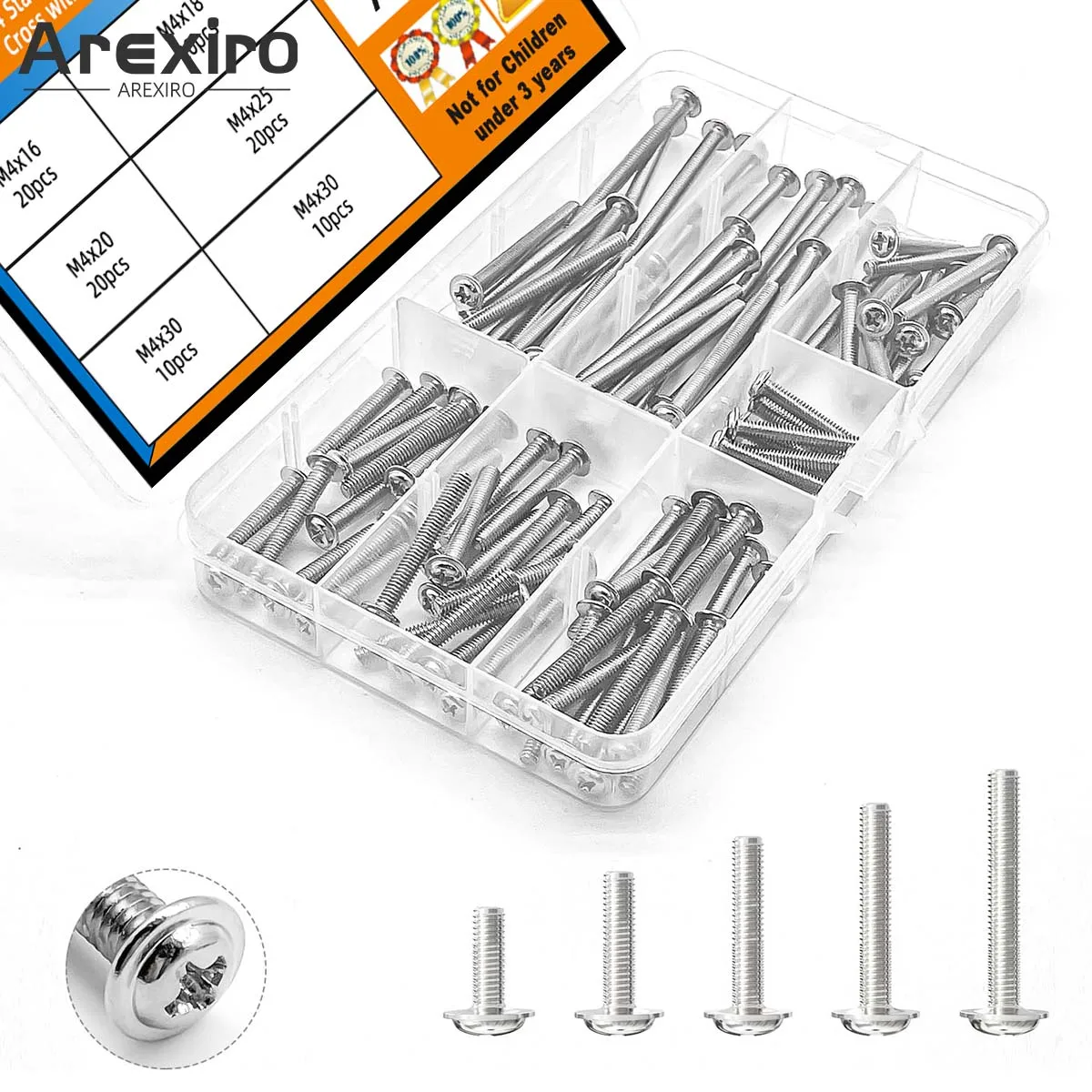 100/120PCS M4×16/18/20/25/30/35/40/45/50mm 304 Stainless Steel Round Head Cross with Washer Screw Kit for Kitchen Bathroom