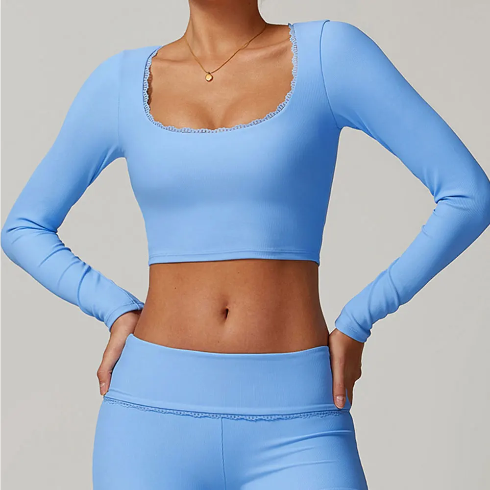 Ribbed Yoga Shirts For Women Long Sleeve Fitness Running Gym Clothes Push Up Workout Dry Fit Breathable High Elastic Sports Top