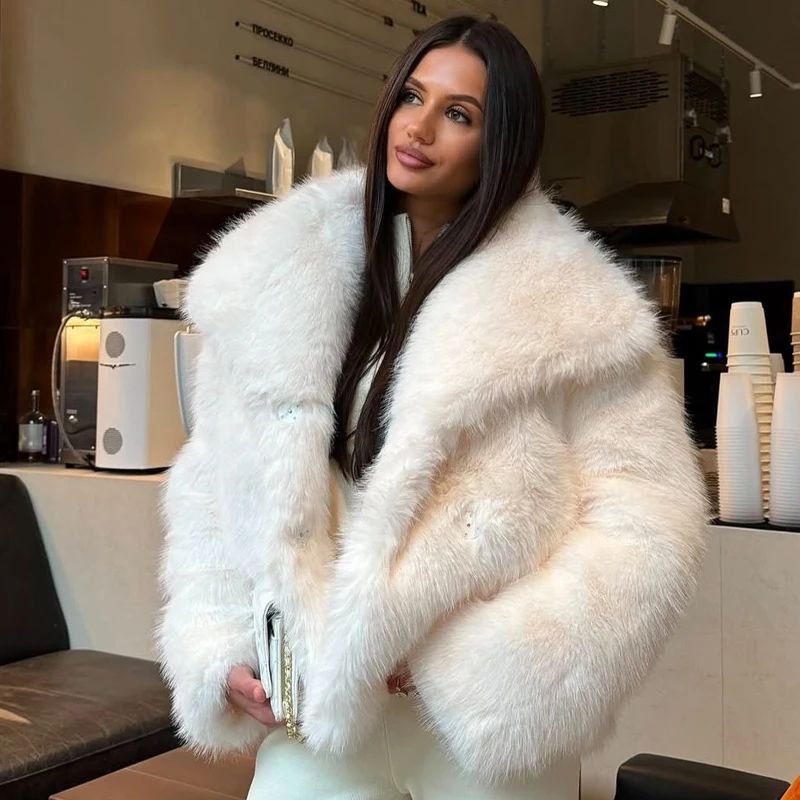معطف فرو صناعي سترات نسائية شتوية بأكمام طويلة وأزرار سفلية ملابس خارجية معاطف نسائية أنيقة من الصوف معطف منفوش #3